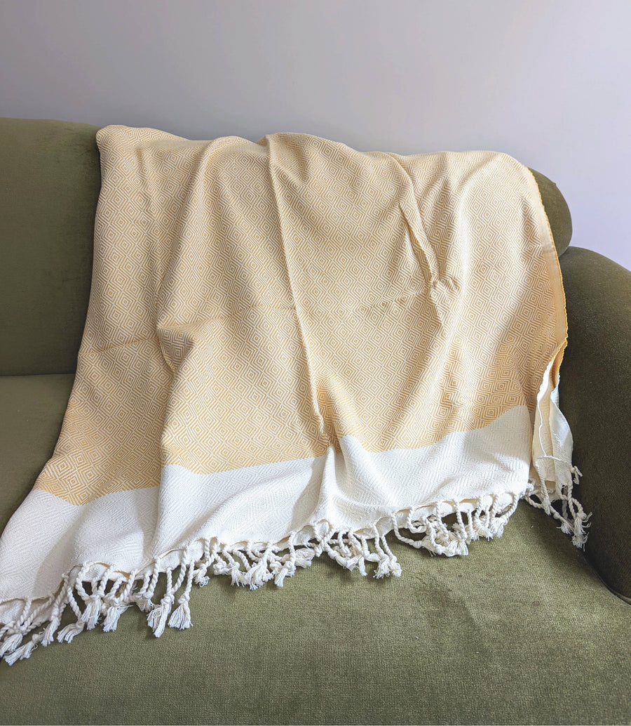 Handwoven Turkish Throw Blanket: Yellow & White