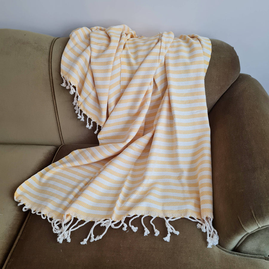 Handwoven Turkish Throw Blanket: Yellow & White