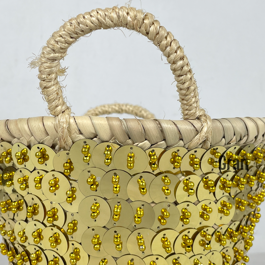 Gold Sequin Moroccan Straw Basket