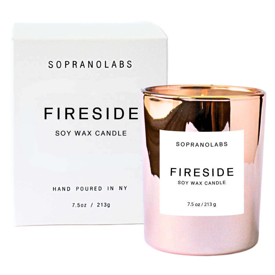 FIRESIDE Soy Candle. Clean Vegan. Hand-poured in NY. Gift: ROSE GOLD Vessel