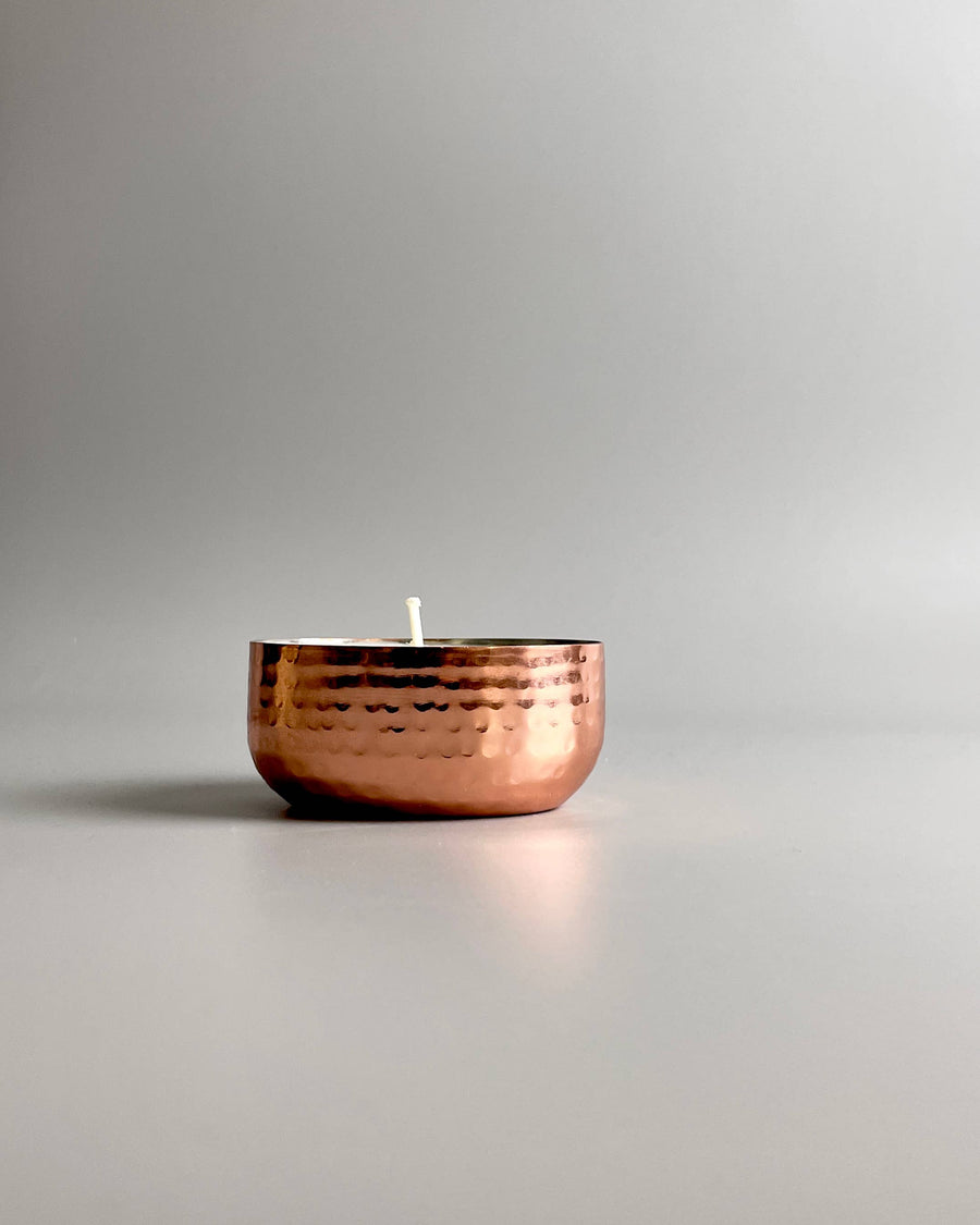 Soy Candle in reusable metal copper colored vessel: Santal