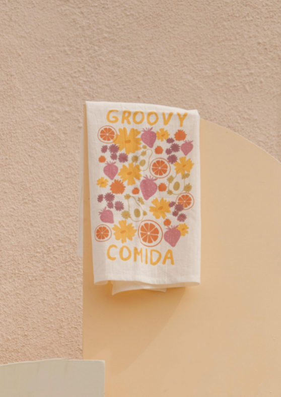 groovy comida retro floral kitchen towel
