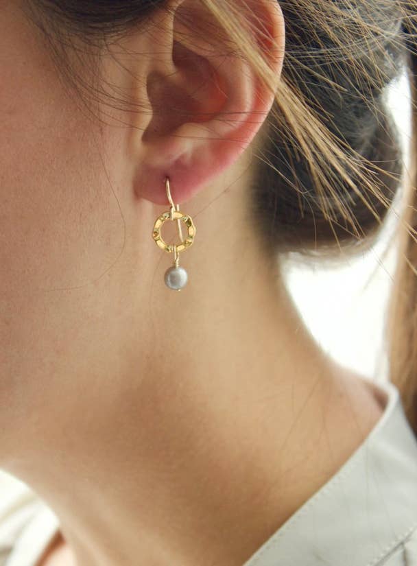 Pearl Hammered Circle Earrings